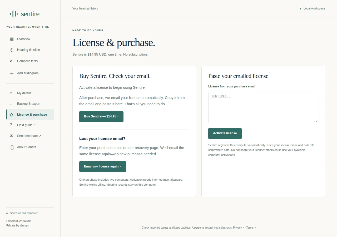 Sentire license screen showing the introductory price and where to paste the emailed license.