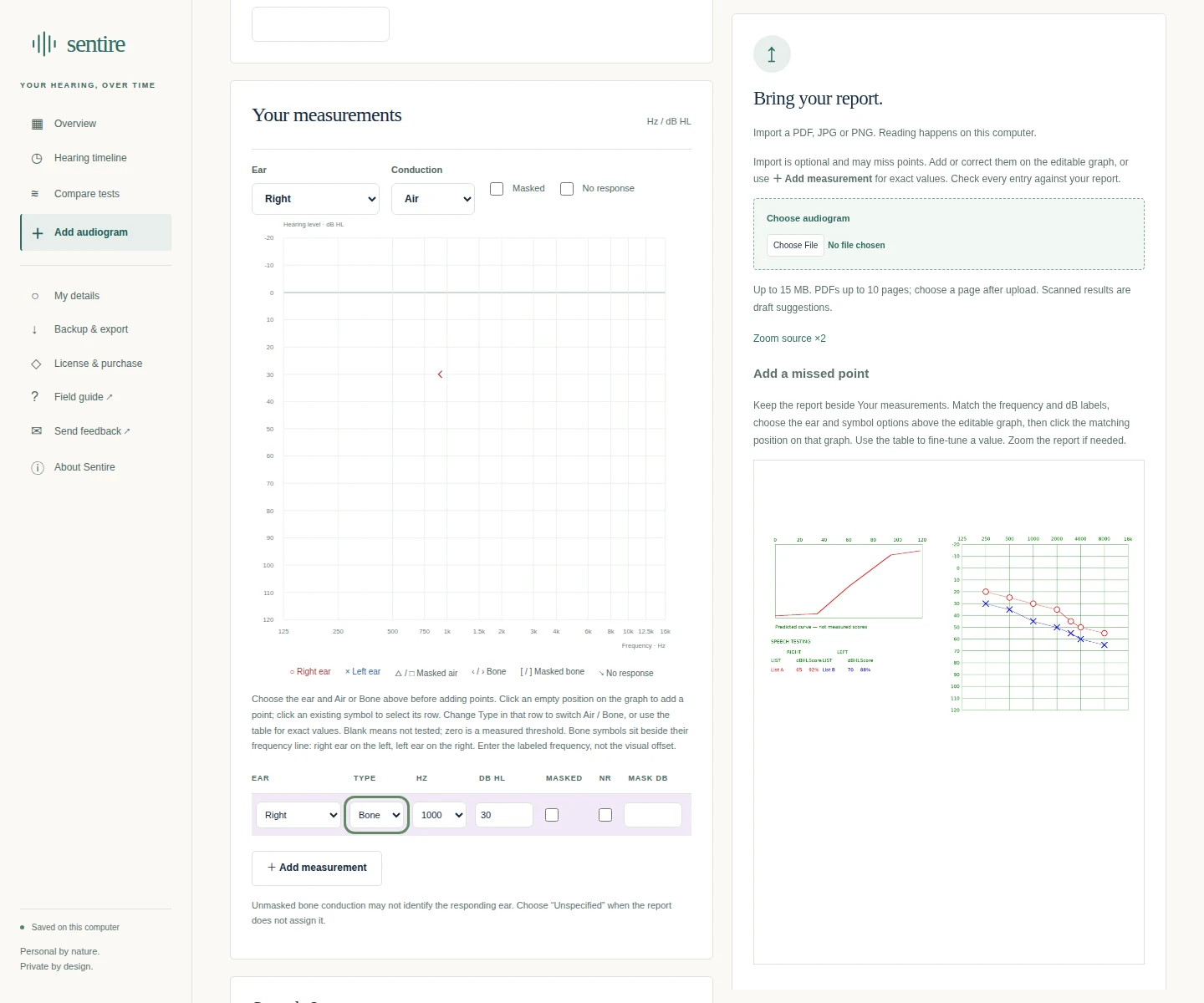 Sentire with a fictional source report beside the editable graph and a point changed from Air to Bone.